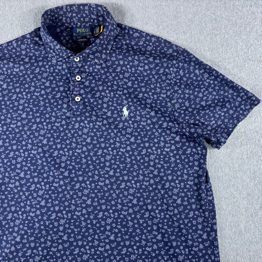 Polo Ralph Lauren Mens Large Custom Slim Fit Floral Polo Shirt Blue White